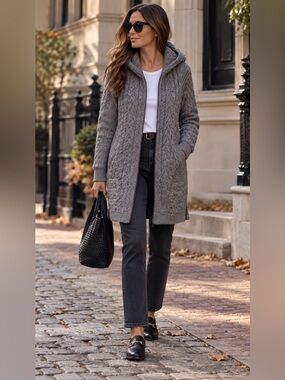 Aran Crafts Hooded Cable Zip Sweater Coat - Gray